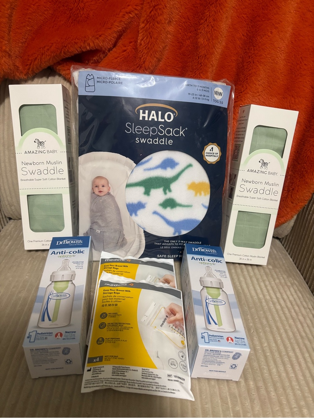 NEW Baby Bundle - Swaddles, Halo Sleep Sack, New Dr.Browns Bottles, Madela Bags